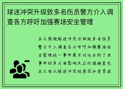 球迷冲突升级致多名伤员警方介入调查各方呼吁加强赛场安全管理